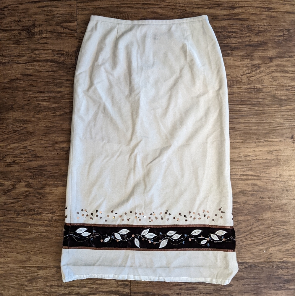Ann Taylor Beige Wool Midi Skirt leaf Print Women's Size 10P